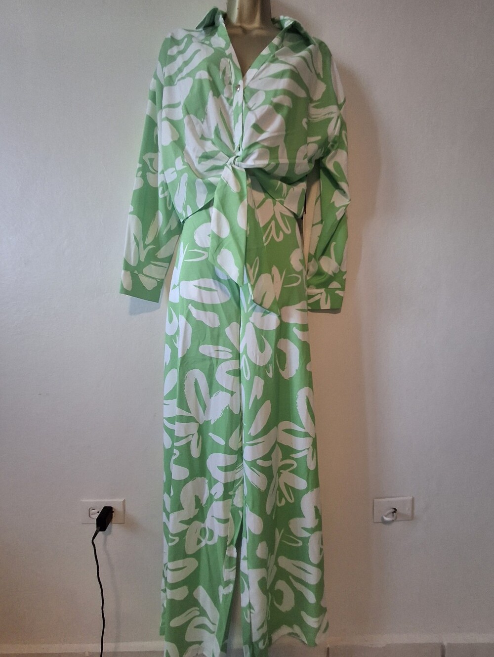 Green & White Tie-Front Jumpsuit